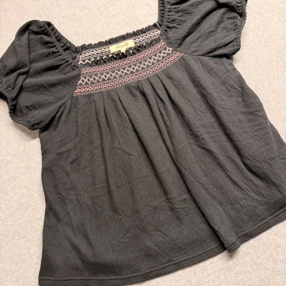 Madewell Smocked Puff Sleeve Top Black Pink Embroidered Gauze Blouse Small